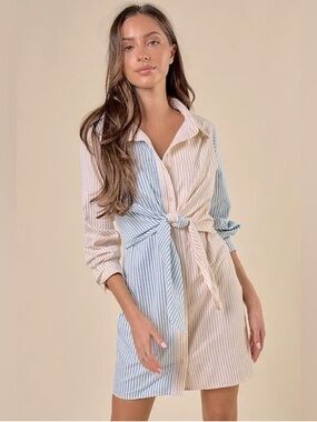 NWT Blue Blush Belted Dual Tone Striped Shirt Dress